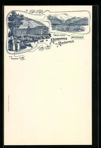 Lithographie Interlaken, Partie am Grand Hotel Métropole & Monopole, Ortsansicht