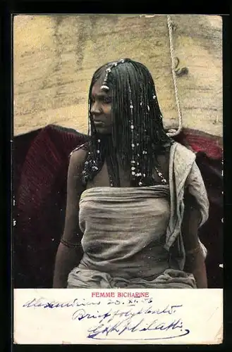 AK Femme Bicharine, afrikanische Volkstypen mit toller Frisur