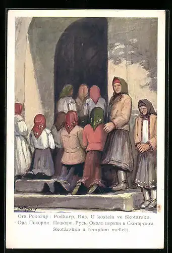 Künstler-AK ukrainische Frauen vor der Kirche