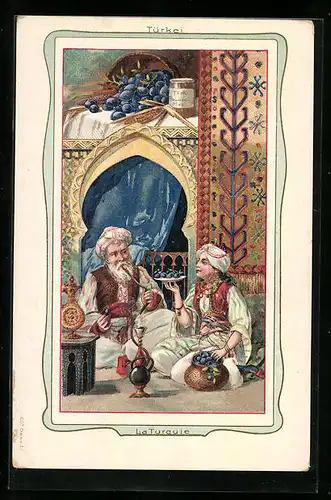 Künstler-AK Türkischer Mann mit Wasserpfeife bekommt von einer Dame Pflaumen gereicht