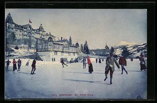 AK Adelboden, Gr. Hôtel Rink mit Schlittschuhfahrern