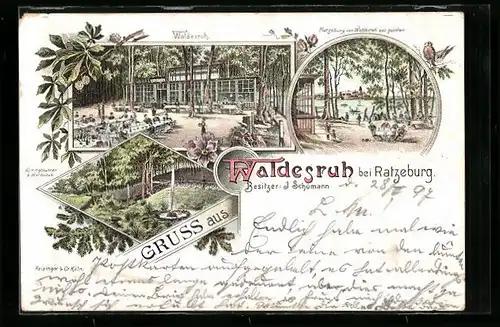 Lithographie Ratzeburg, Waldesruh m. Springbrunnen und Garten, Inh. J. Schümann