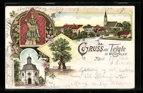 Lithographie Telgte in Westfalen, Ortsansicht m. Gnadenbild Maria, Marienlinde u. Gnaden-Kapelle