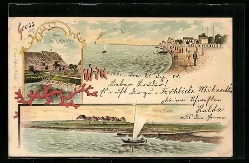 Lithographie Wyk / Föhr, Strandpartie u. Haus auf Hallig Oland