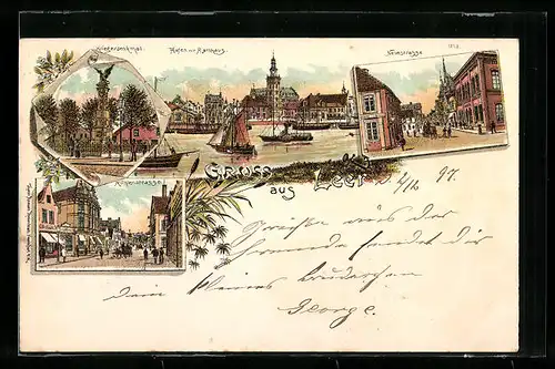 Lithographie Leer, Kriegerdenkmal, Hafen mit Rathaus, Neuestrasse