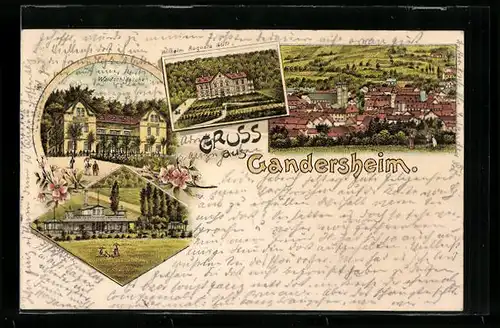 Lithographie Gandersheim, Hotel Waldschlösschen, Wilhelm Augusta Stift, Sool u. Stahlbad