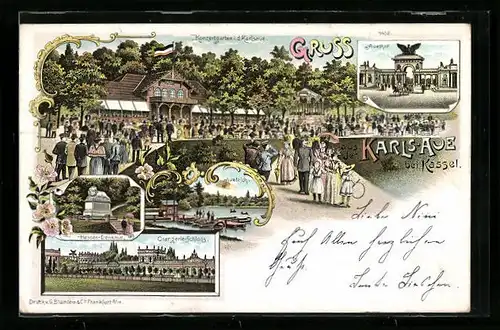 Lithographie Kassel, Gasthaus Karlsaue, Orangerie Schloss, Hessen-Denkmal