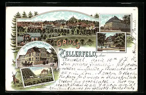 Lithographie Zellerfeld, Hotel Deutsches Haus, Kurhaus Untermühle, Bergapotheke