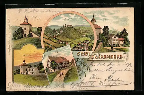 Lithographie Schaumburg, Forsthaus, Glockenturm, Schloss, Gesamtansicht