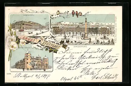 Winter-Lithographie Stuttgart, Königsbau, Altes Schloss, Schlossplatz