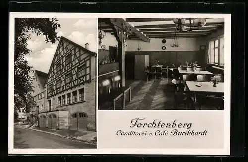 AK Forchtenberg, Coditorei-Cafe Burckhardt, Strassen- und Innenansicht