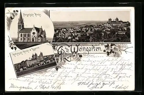 Vorläufer-Lithographie Weingarten, 1993, Katholische Kirche & Kaserne, Teilansicht aus der Vogelschau