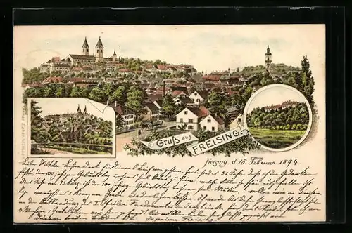 Vorläufer-Lithographie Freising, 1894, Panoramablick auf die Ortschaft