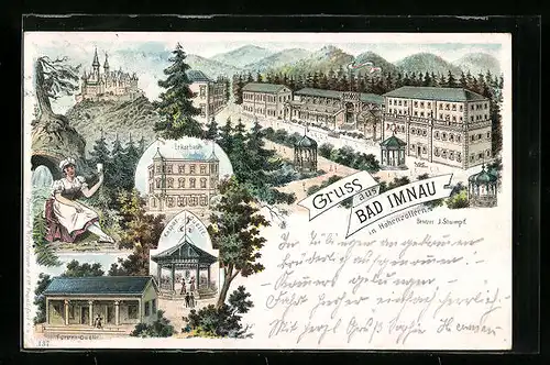 Lithographie Bad Imnau, Erkerhaus, Kaspar-Quelle, Fürsten-Quelle