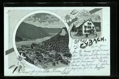 Mondschein-Lithographie Eybach, Gasthof zum Adler, Ortsansicht mit Fluss aus der Vogelschau