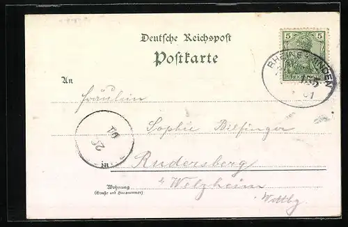 Lithographie Rheine i. W., Blick zum Bahnhof, Kriegerdenkmal, Kaiserliches Postamt