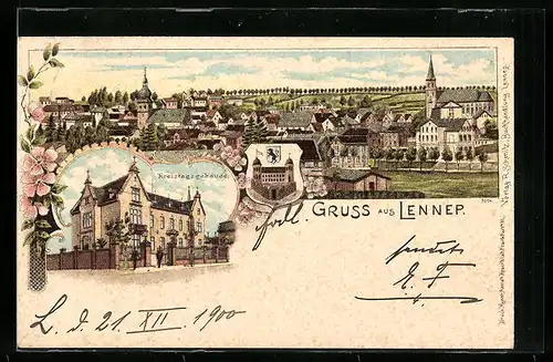 Lithographie Lennep, Kreistagsgebäude, Teilansicht der Stadt