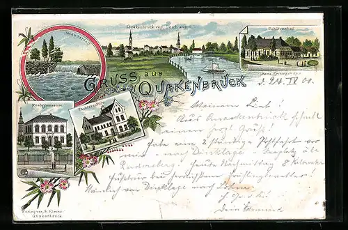 Lithographie Quakenbrück, Schützenhof, Töchterschule, Realgymnasium, Ortsansicht vom Deich aus