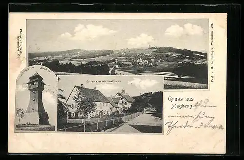AK Gaildorf / Hagberg, Ortsstrasse mit Rathaus, Aussichtsturm Hagberg, Ortsansicht