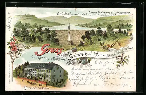 Lithographie Lüttringhausen bei Lennep, Gasthaus Grünenthal E. Luckhaus, Thalsperre