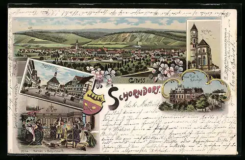 Lithographie Schorndorf, Neue Post und Bahnhof, Weiber von Schorndorf, Gesamtansicht, Wappen