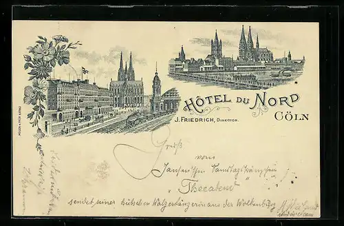 Lithographie Cöln, Hotel du Nord mit Bahnhof, Director J. Friedrich, Rheinbrücke mit Dom