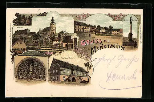 Lithographie Marienweiher, Gasthaus Schott, Grotte, Ortspartie mit Kloster