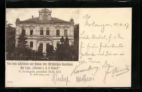 AK Erlangen, 150jähriges Jubiläum der Loge Libanon z. d. 3 Cedern 1907, Logenhaus