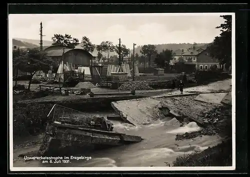 AK Johanngeorgenstadt, Brückeneinsturz in Wittigstal, Zerstörung durch die Unwetterkatastrophe am 6. Juli 1931