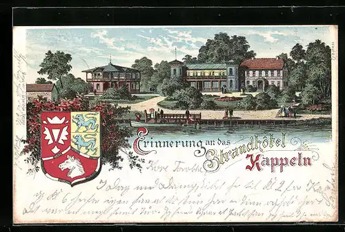 Lithographie Kappeln, Erinnerung an das Strandhotel, Wappen