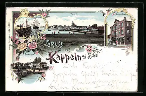 Lithographie Kappeln, Strandhotel, Schauspielhaus, Schleimünde, Segelboot