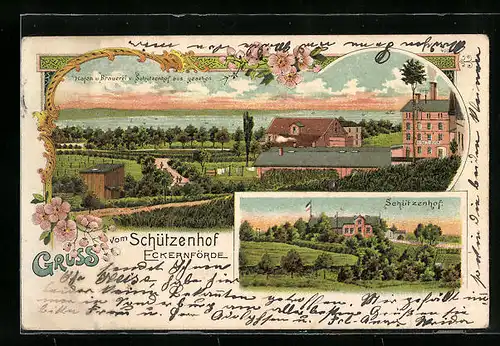 Lithographie Eckernförde, Schützenhof, Hafen und Brauerei