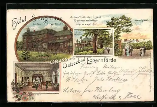 Lithographie Eckernförde, Hotel Seegarten, Bes. Paul Teichert, Strandpartie und Kieler Chaussee