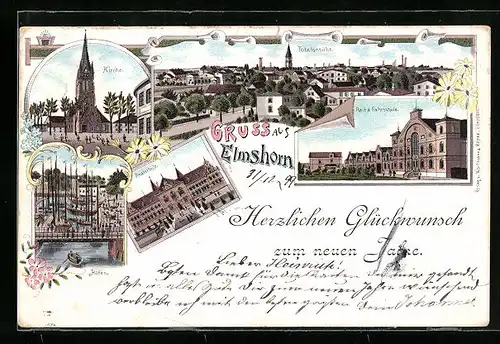 Lithographie Elmshorn, Totalansicht, Kirche, Reit- und Fahrschule & Hafenblick