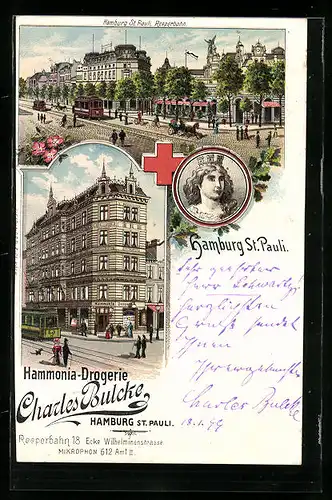 Lithographie Hamburg-St.Pauli, Hammonia-Drogerie Charles Bulcke, Reeperbahn 18 Ecke Wilhelminenstrasse