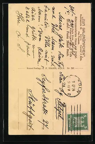 AK Köln, Am Hauptbahnhof, Frankenwerft, Gasthaus zum Salzrümpchen