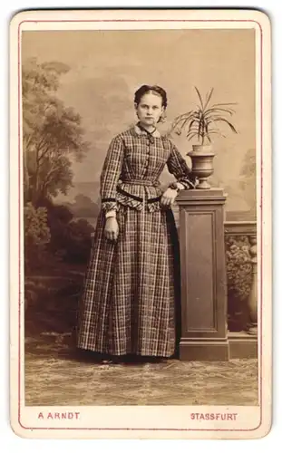 Fotografie A. Arndt, Stassfurt, Junges Fräulein in karierten Kleidern