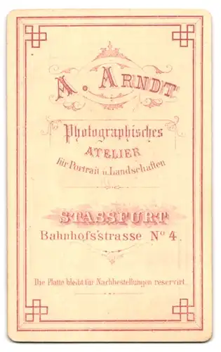 Fotografie A. Arndt, Stassfurt, Bahnhofstrasse 4, Junge Dame im Biedermeierkleid mit ihrem Spross