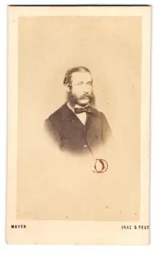 Fotografie G. Mayer, Graz, Portrait Herr im Anzug mit Backenbart und Fliege