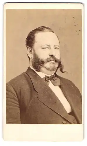 Fotografie A. Russler, Bamberg, korpulenter Herr im Anzug mit Fliege und Backenbart