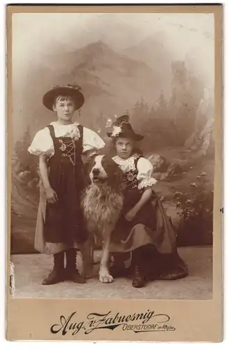 Fotografie Aug. v. Zabuesnig, Oberstdorf, zwei junge Mädchen mit ihrem Bernhardiner Hund im Atelier, Tracht