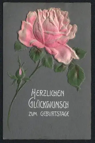 Stoff-Präge-AK Geburtstagsgrüsse mit rosa Rose