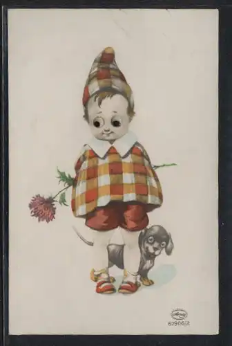 Glasaugen-AK Kleines Kind mit Zipfelmütze, Blume und Hund