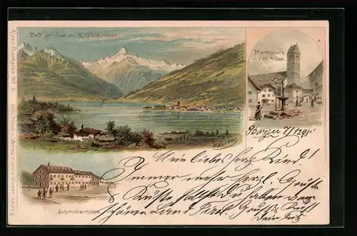 Lithographie Zell am See, Marktplatz, Panorama der Ortschaft mit Kitzsteinhorn, Schmittenhöhe
