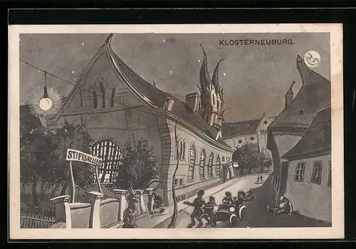 Wirtshaus-AK Klosterneuburg, Strassenpartie mit Gasthaus Stiftskeller aus der Sicht eines Betrunkenen, Automobil