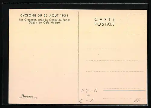 AK La Chaux-de-Fonds, Les Crosettes, Cyclone du 23 Aout 1934, Dégats au Cafe Hadorn