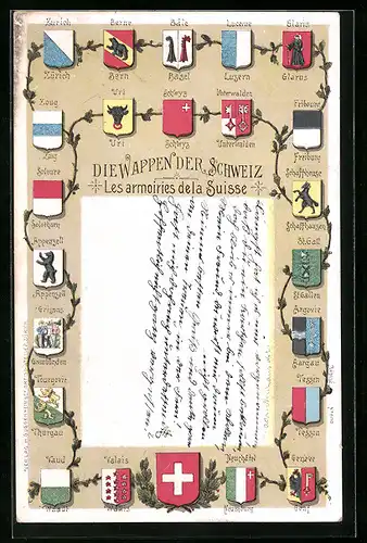 Lithographie Schweizer Kantonswappen, Nationalwappen im Ehrenkranz