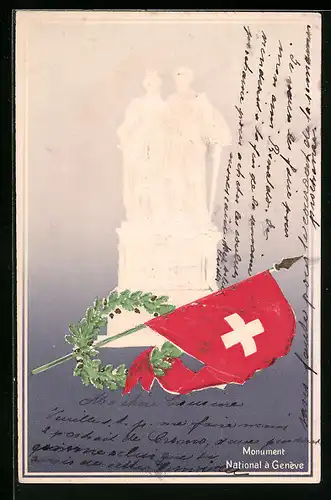 Präge-AK Genf, Denkmal und National Flagge der Schweiz