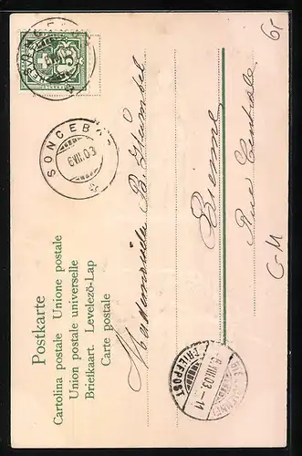 Präge-AK Genf, Denkmal und National Flagge der Schweiz