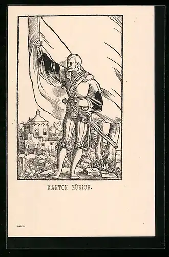 Lithographie Kanton Zürich, Schweizer Soldat mit Fahne vor einem Turmgebäude